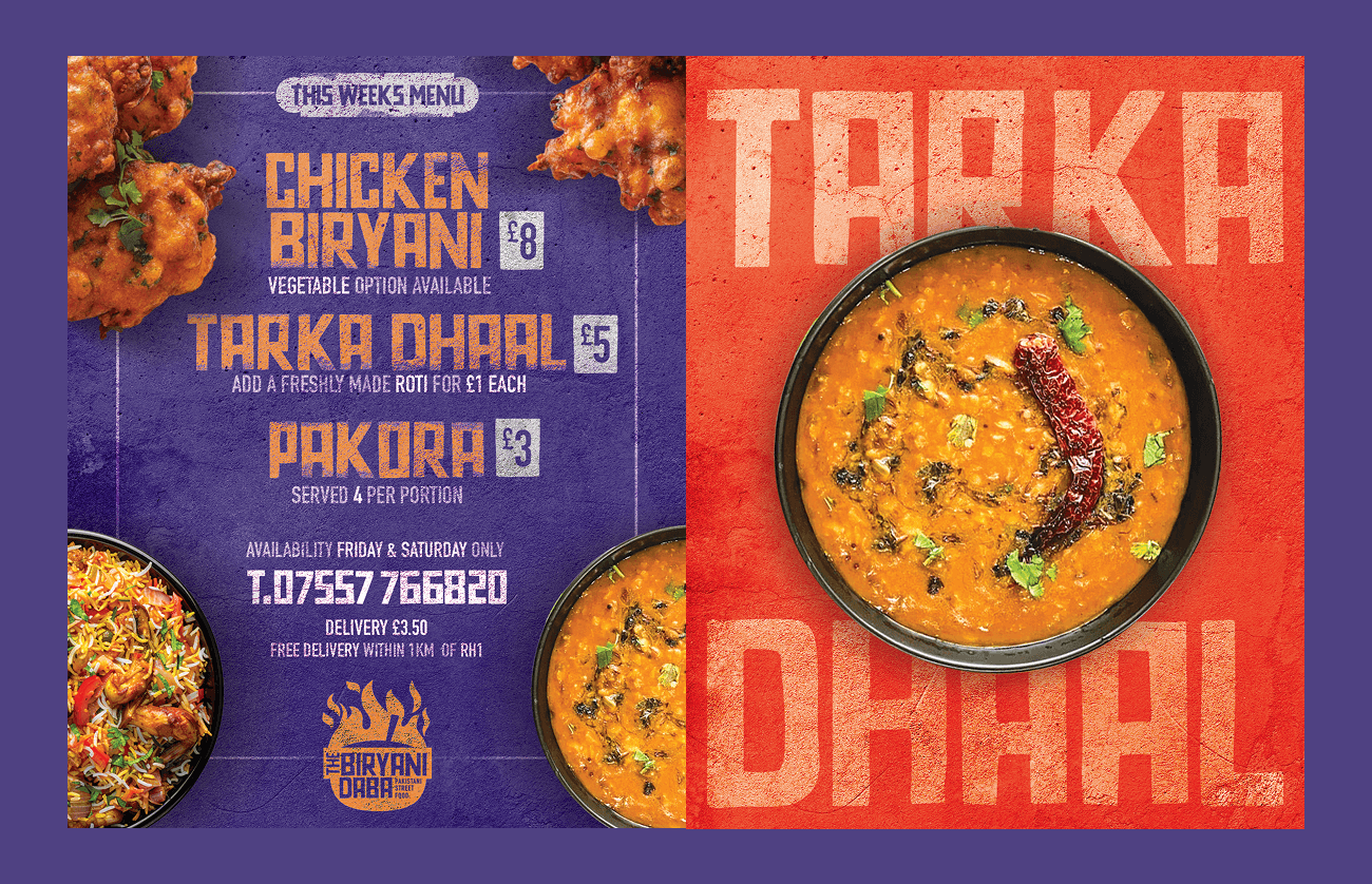 Biryani Daba menu and tarka dhaal campaign artwork