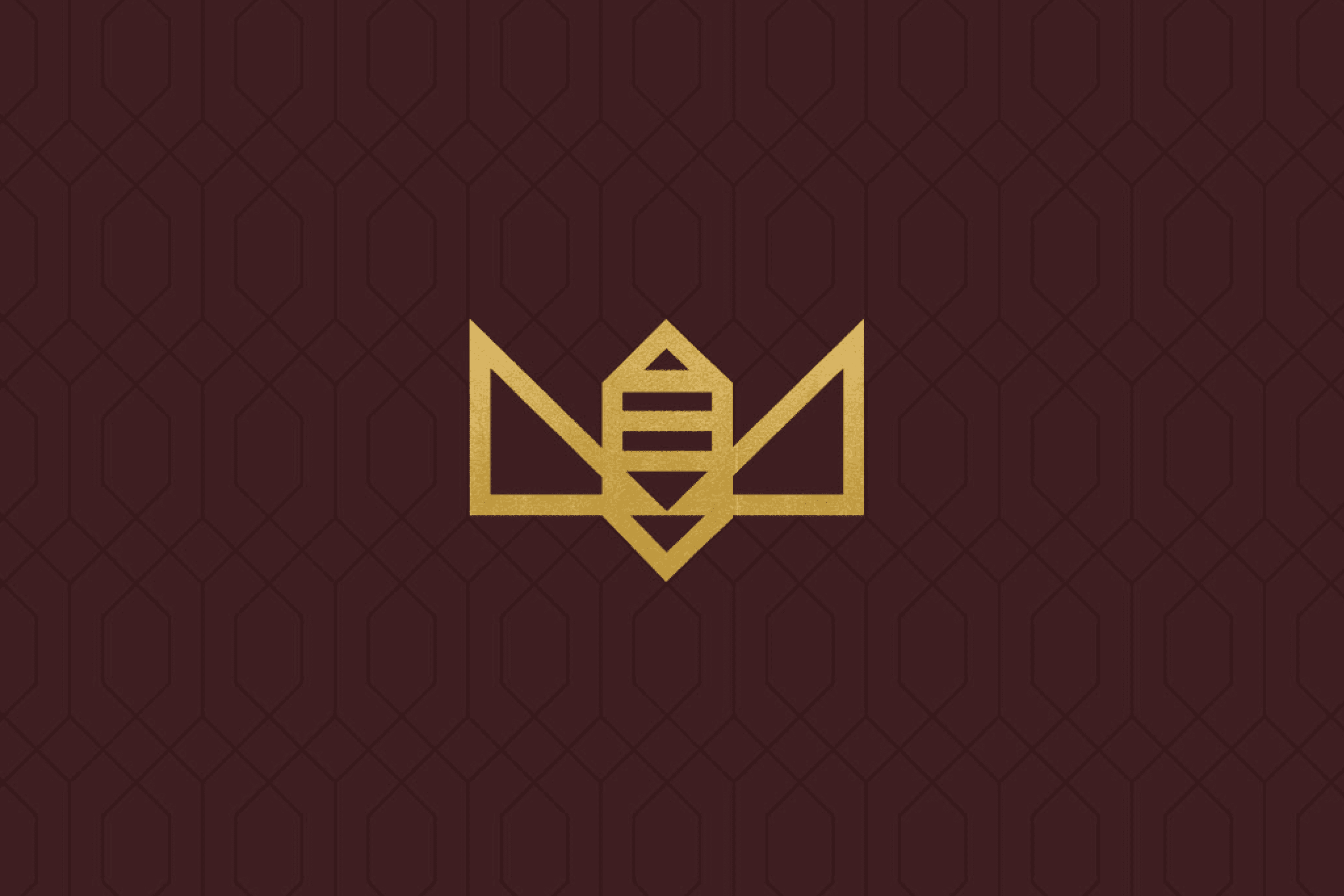 Balqees geometric gold honey bee logo on a deep maroon patterned field
