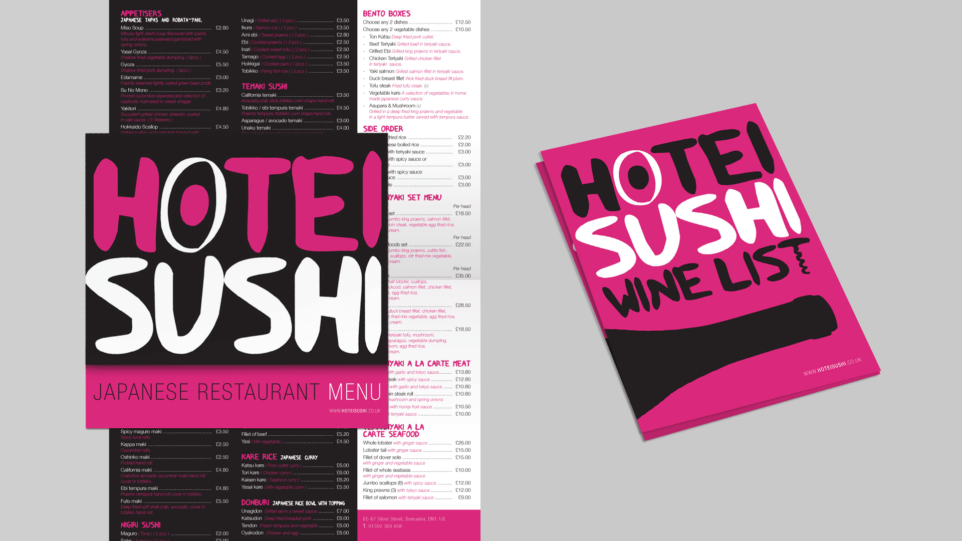 Hotei Sushi wine list and printed touchpoints
