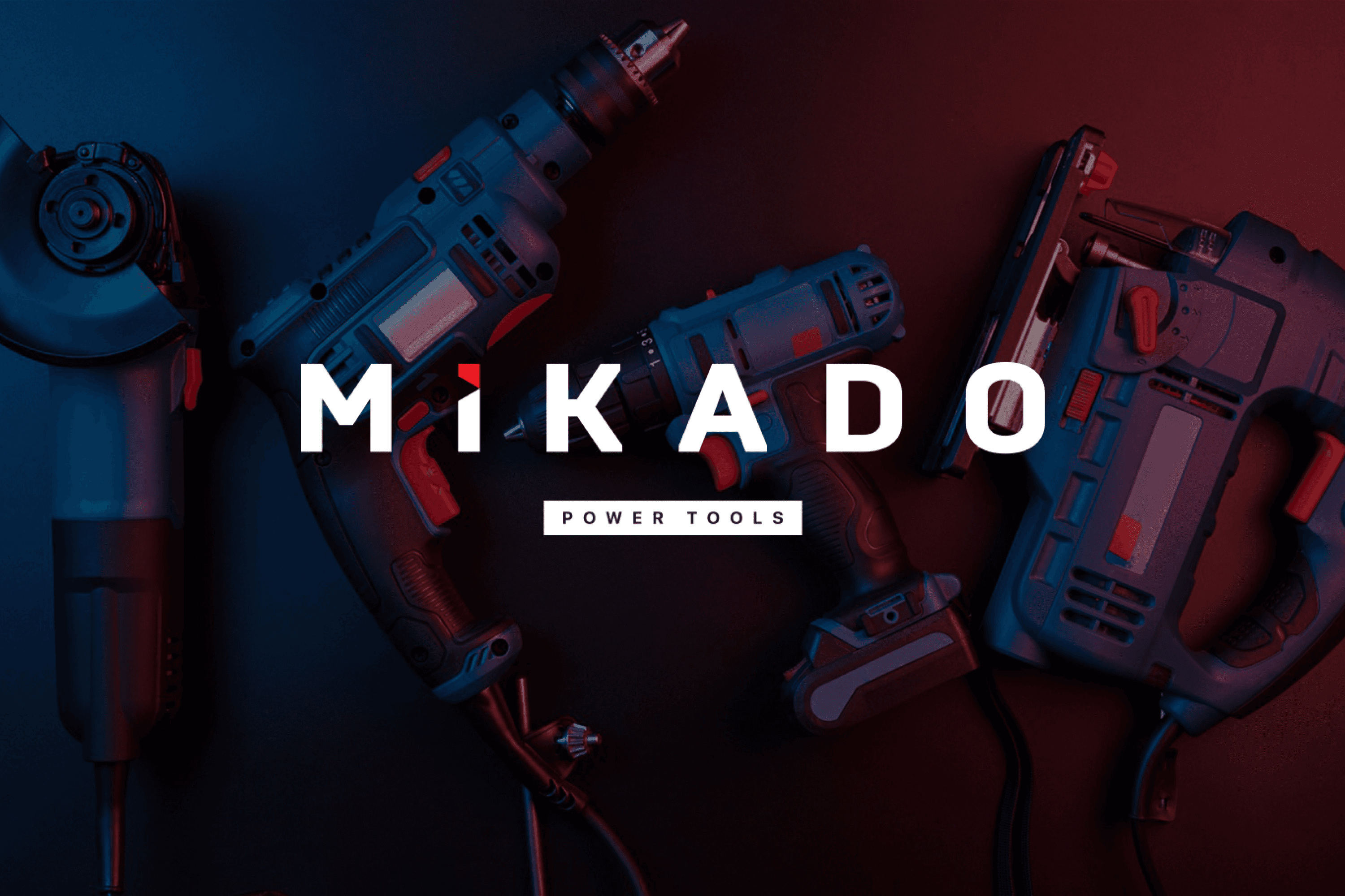Mikado brand identity with power tools on a deep blue field