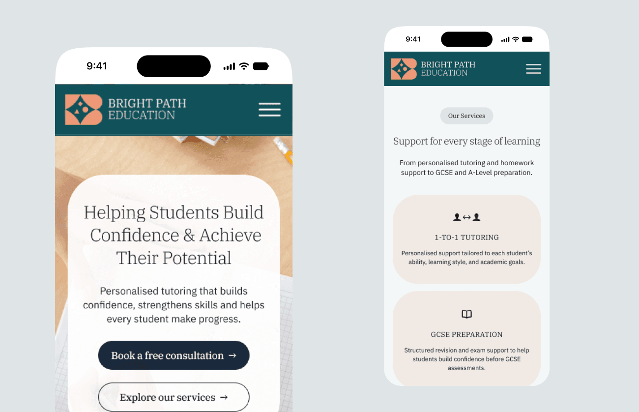 Mobile mockup showing Bright Path Learning clear messaging