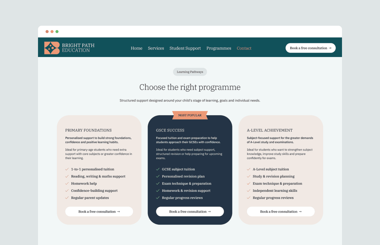 Desktop UI showing Bright Path Learning service overview