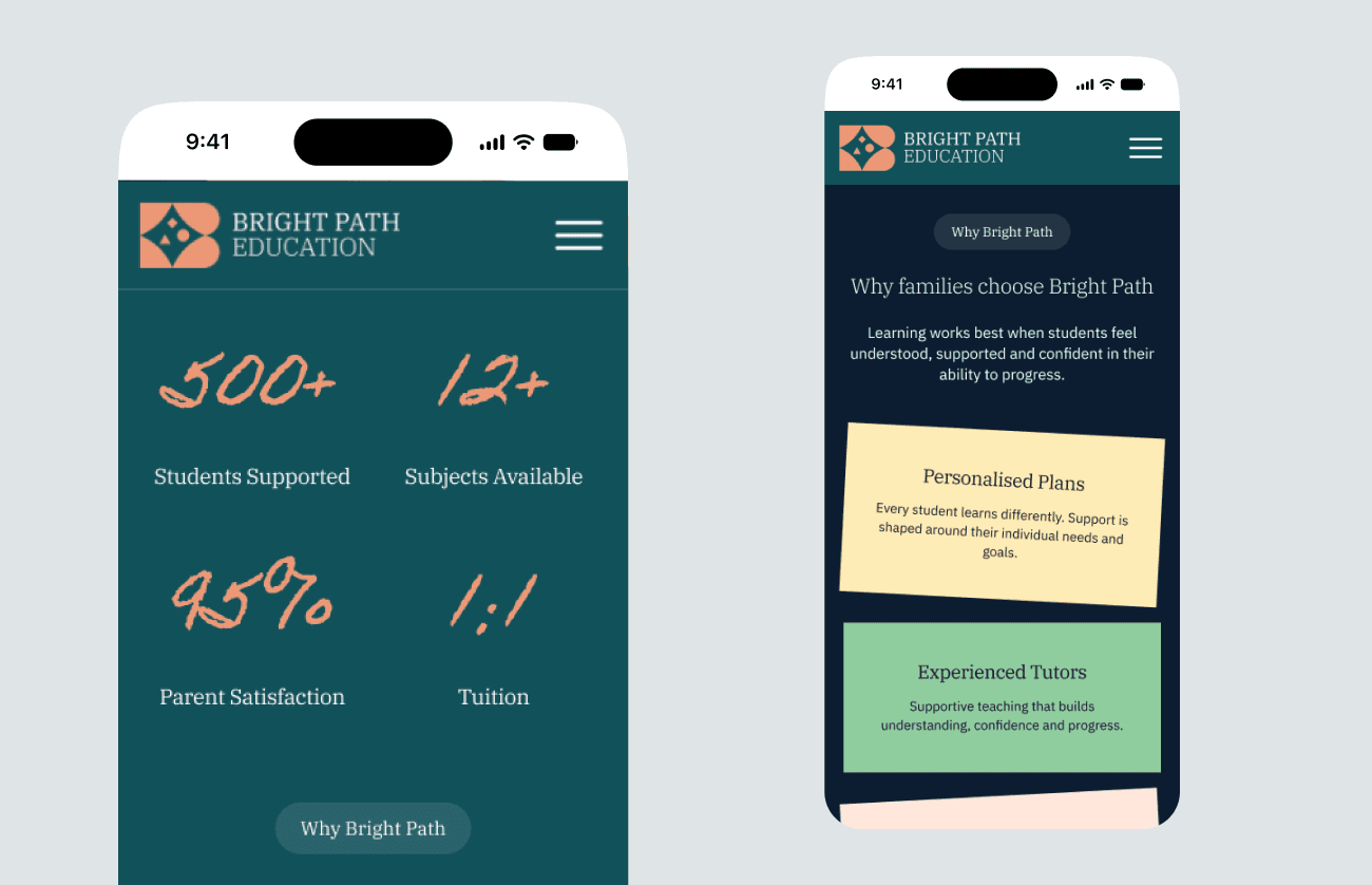 Desktop UI showing Bright Path Learning student support page