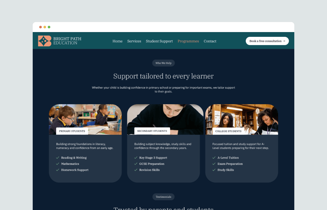 Bright Path Learning interface detail across content and support journeys