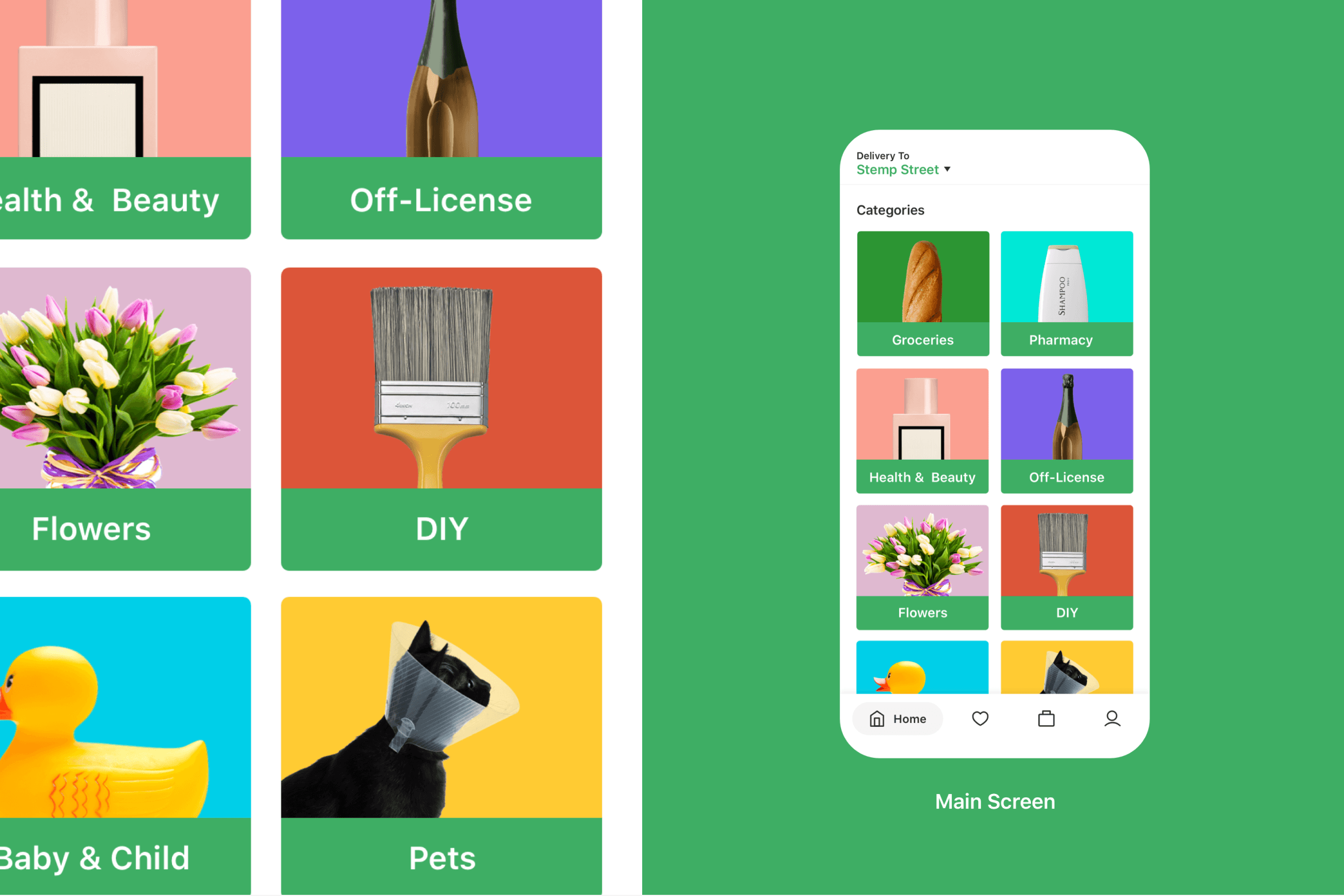 Delivery Drop category tiles and mobile shopping screens