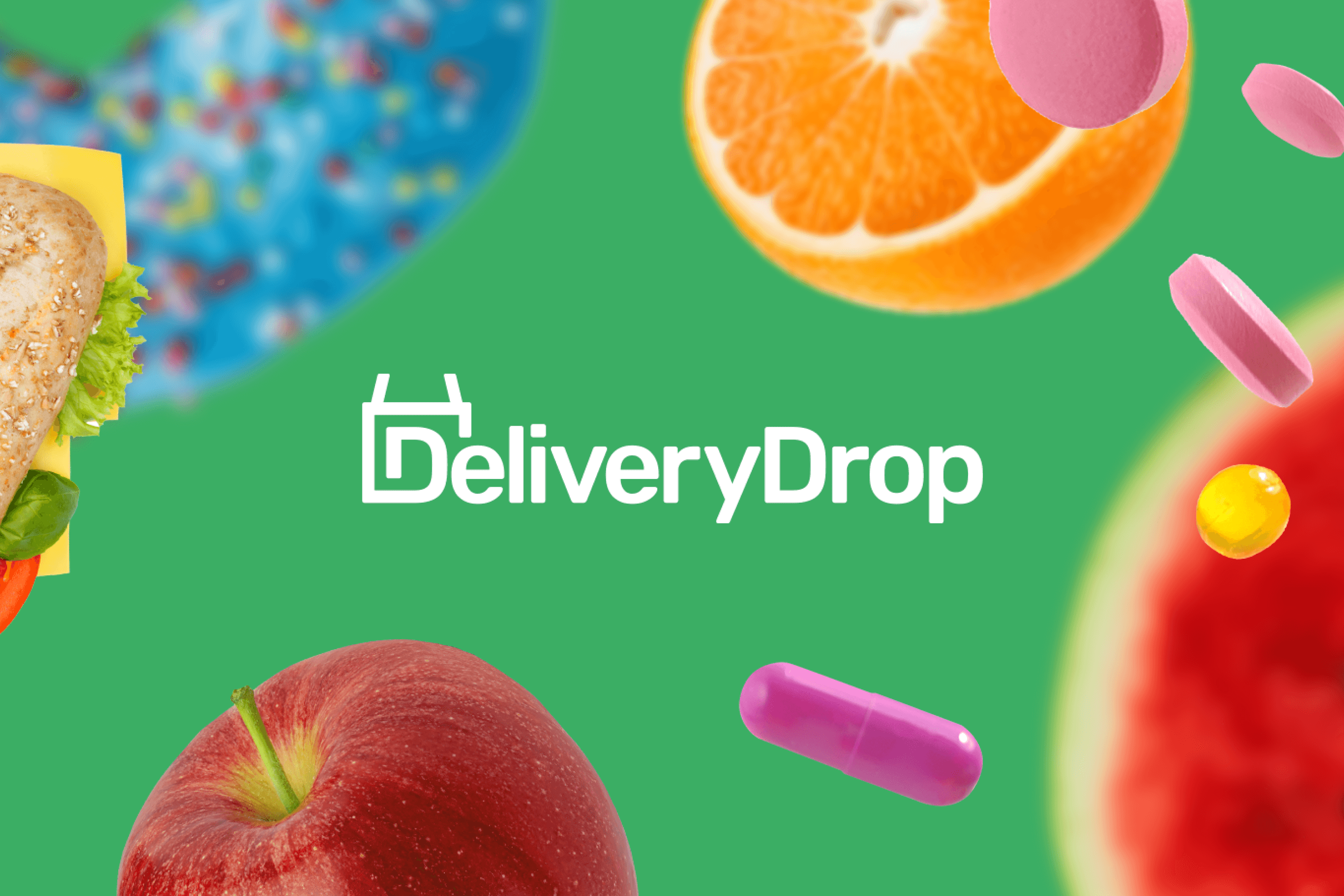 Delivery Drop brand collage with food and product elements