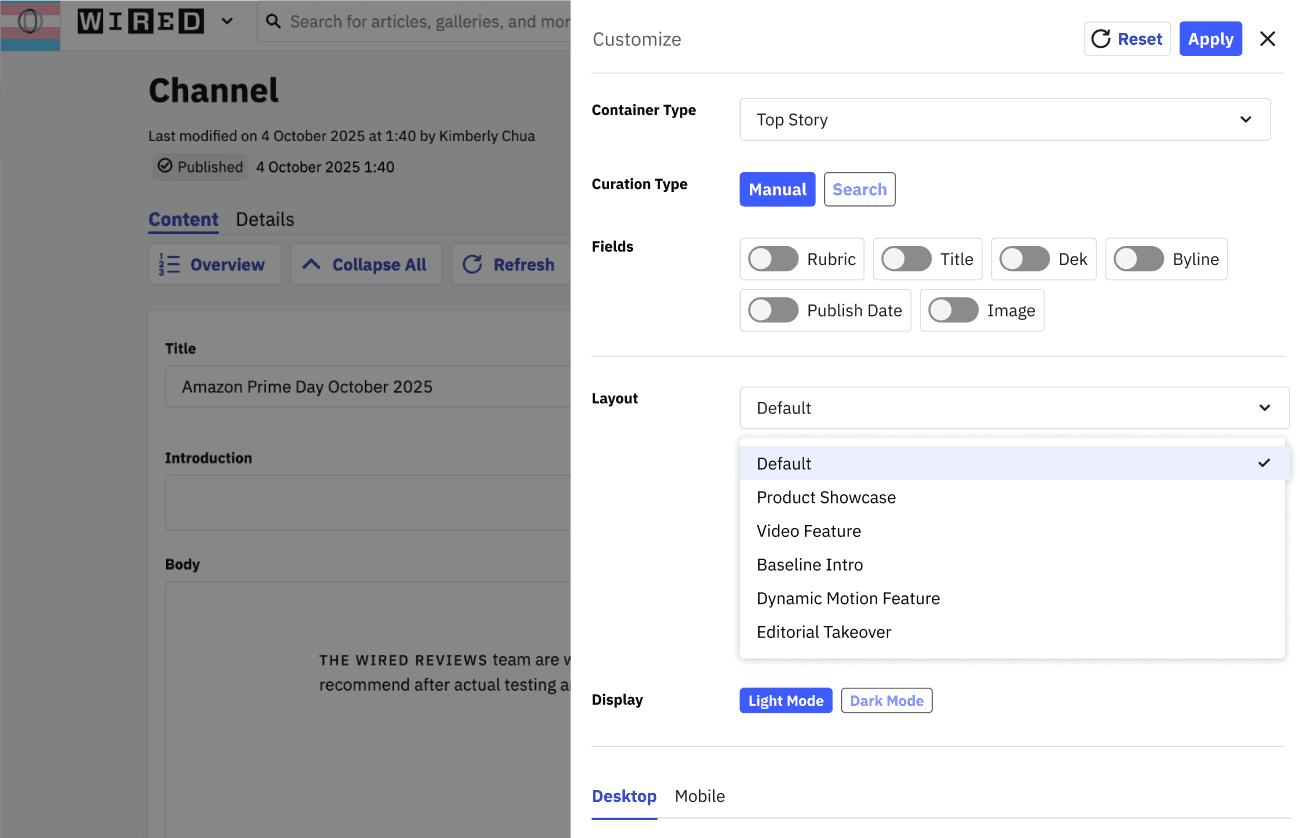 Expressive storytelling layout controls in the editorial platform