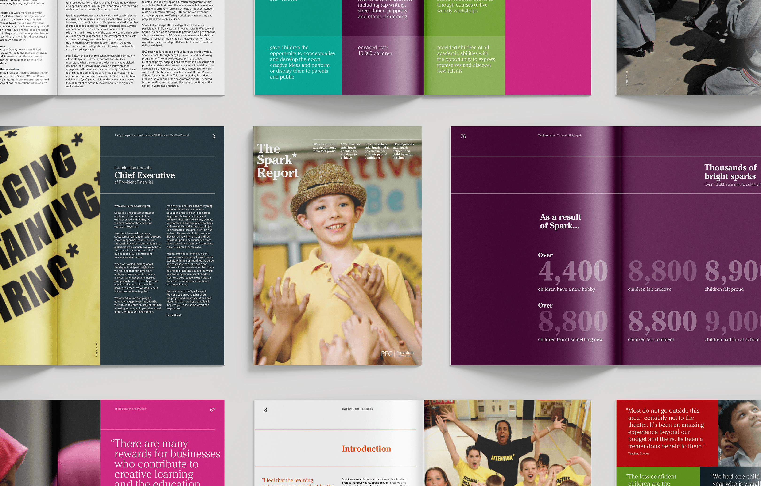 Charity brochure layout grid with bold yellow typography and portraits