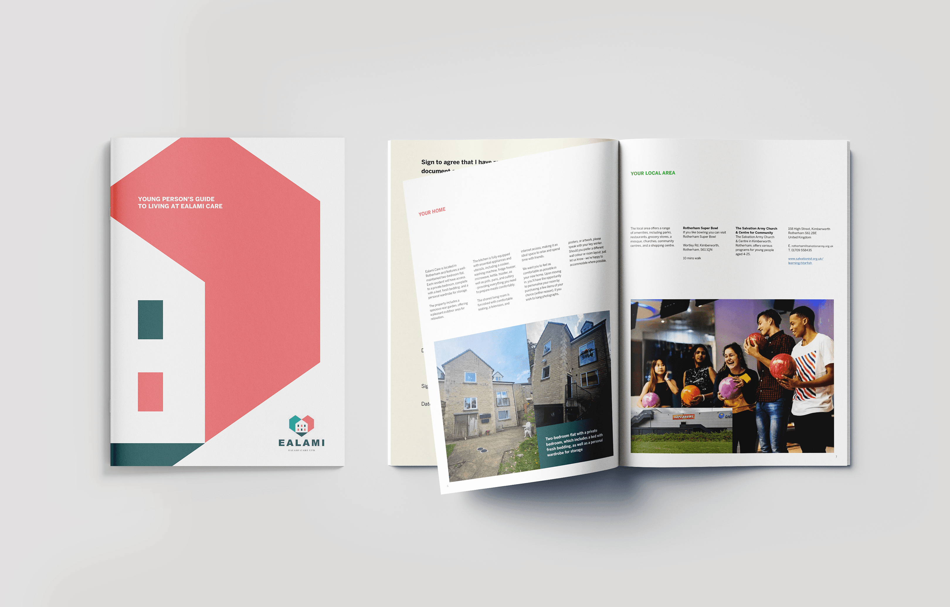 Open housing guide spread with photography and structured columns