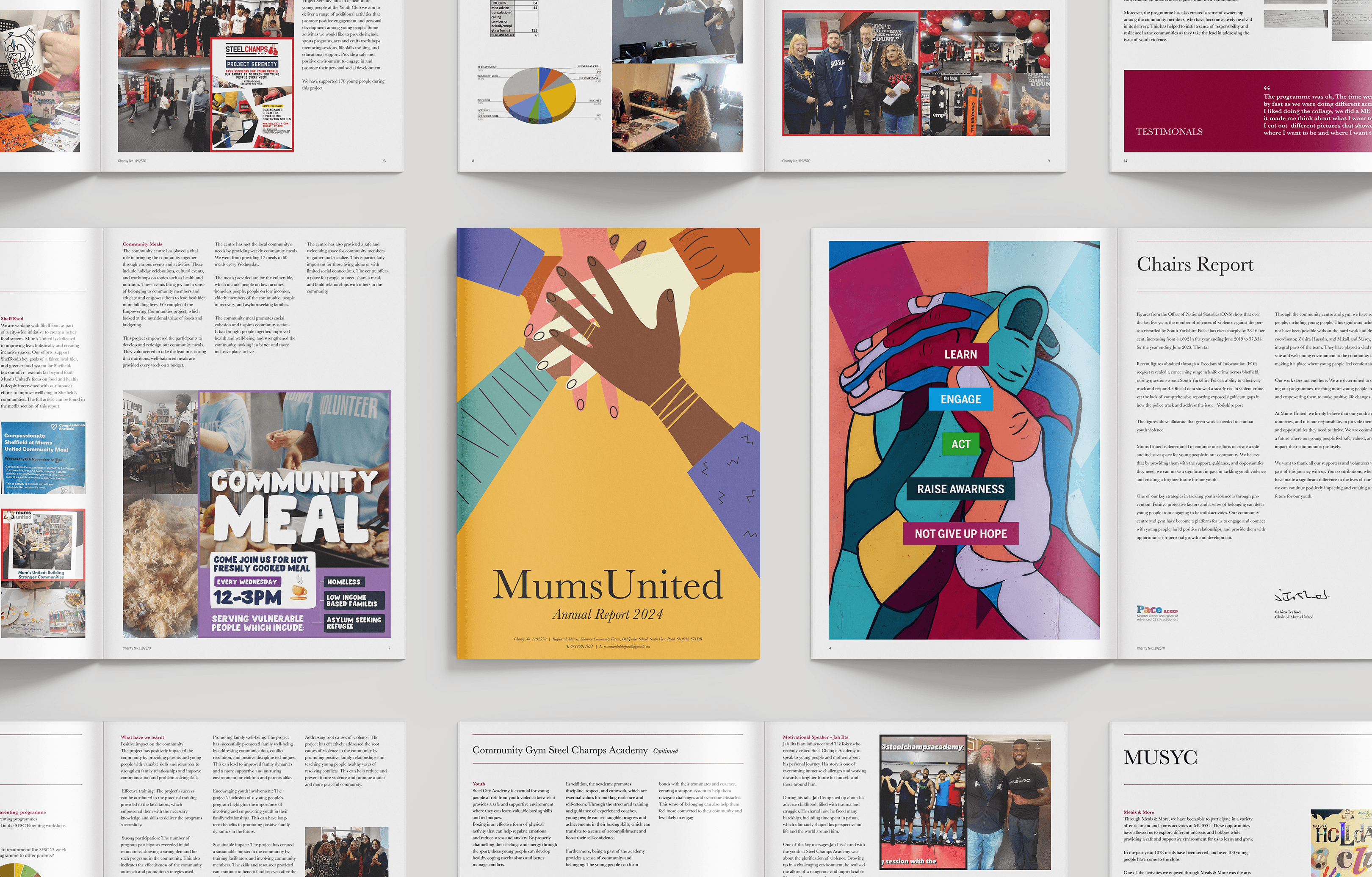 Grid of impact report covers including MumsUnited