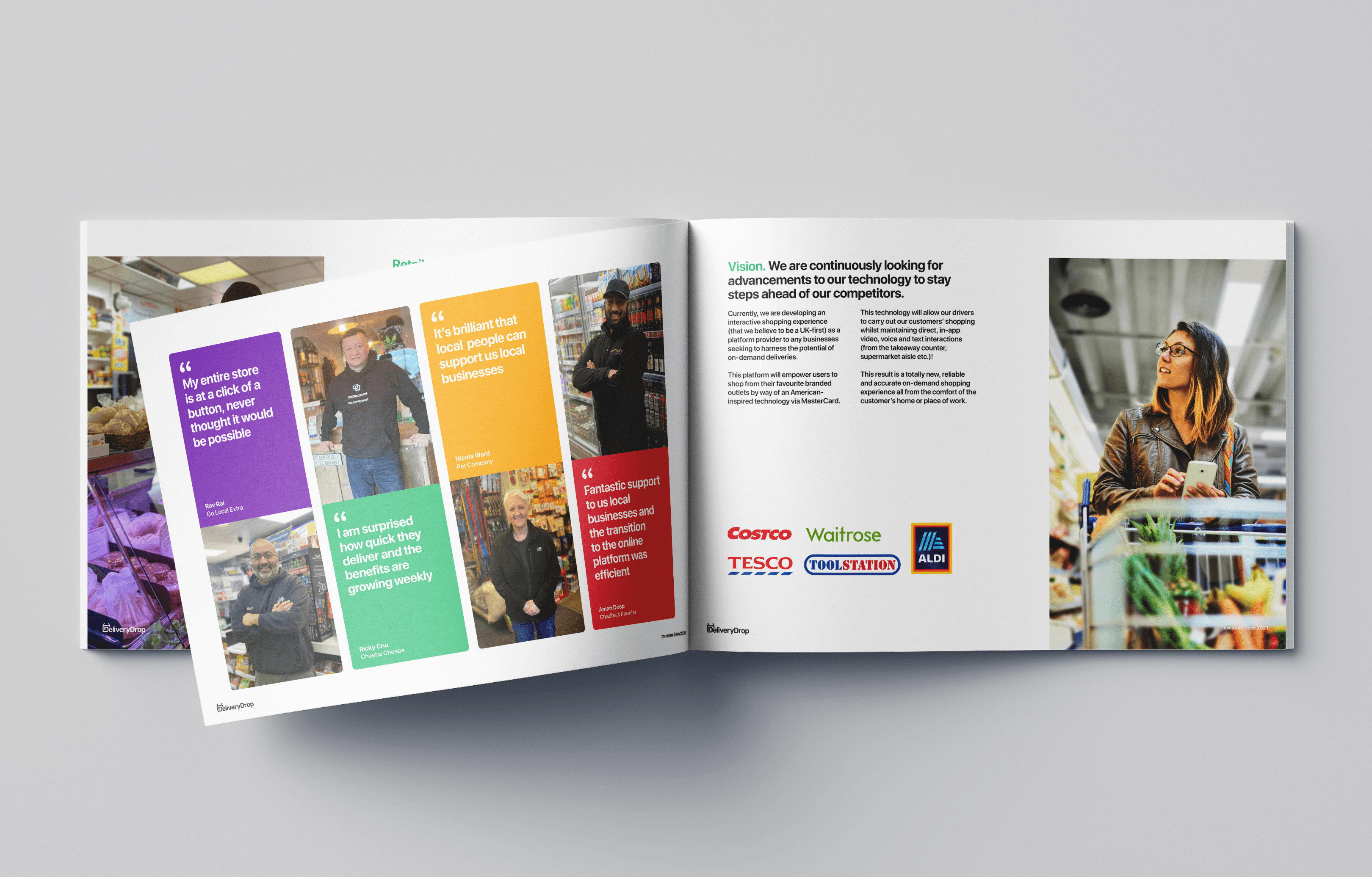 Open pitch brochure with photography and editorial layout
