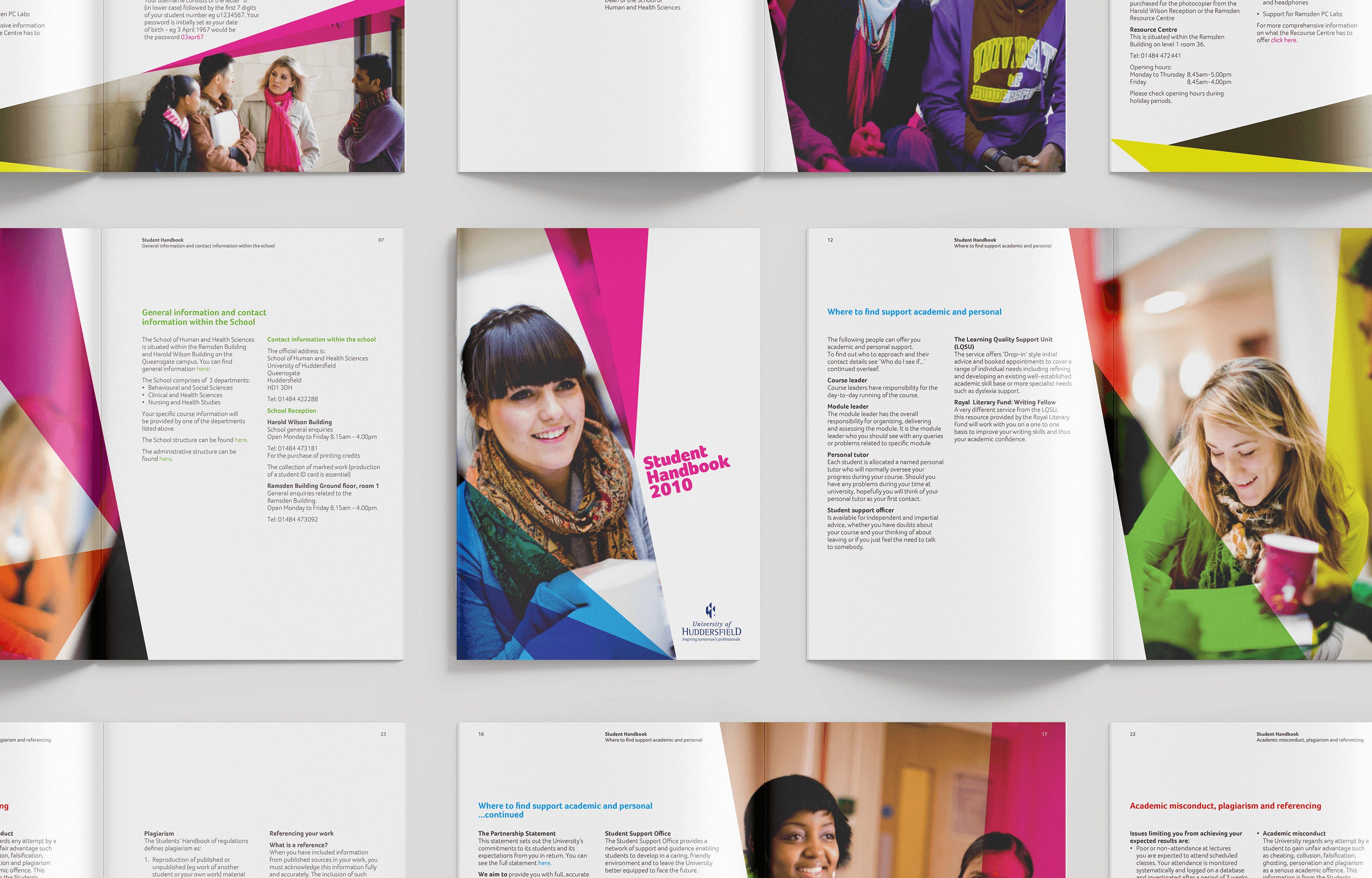 Open university handbook with bold pink and white typography