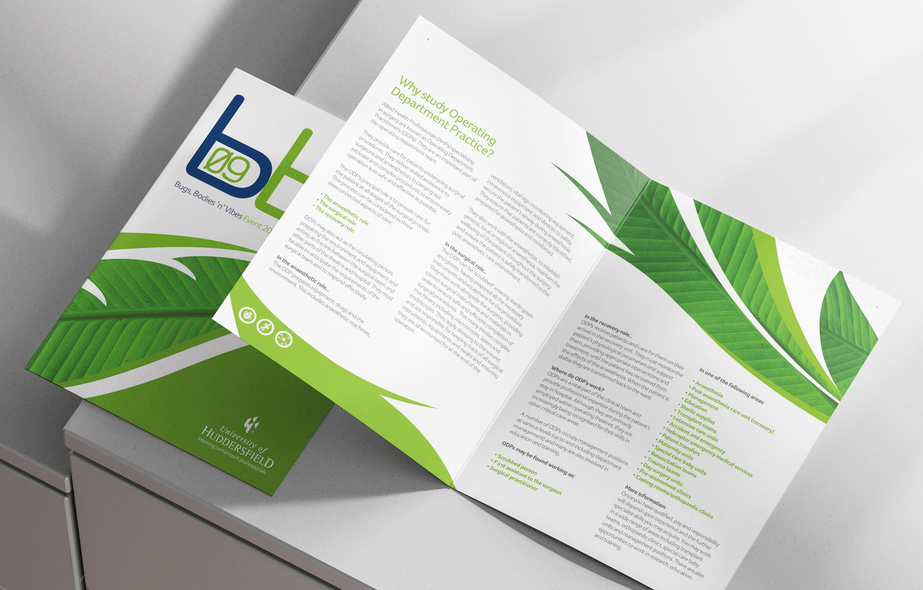 Open university leaflet with green organic shapes and photography