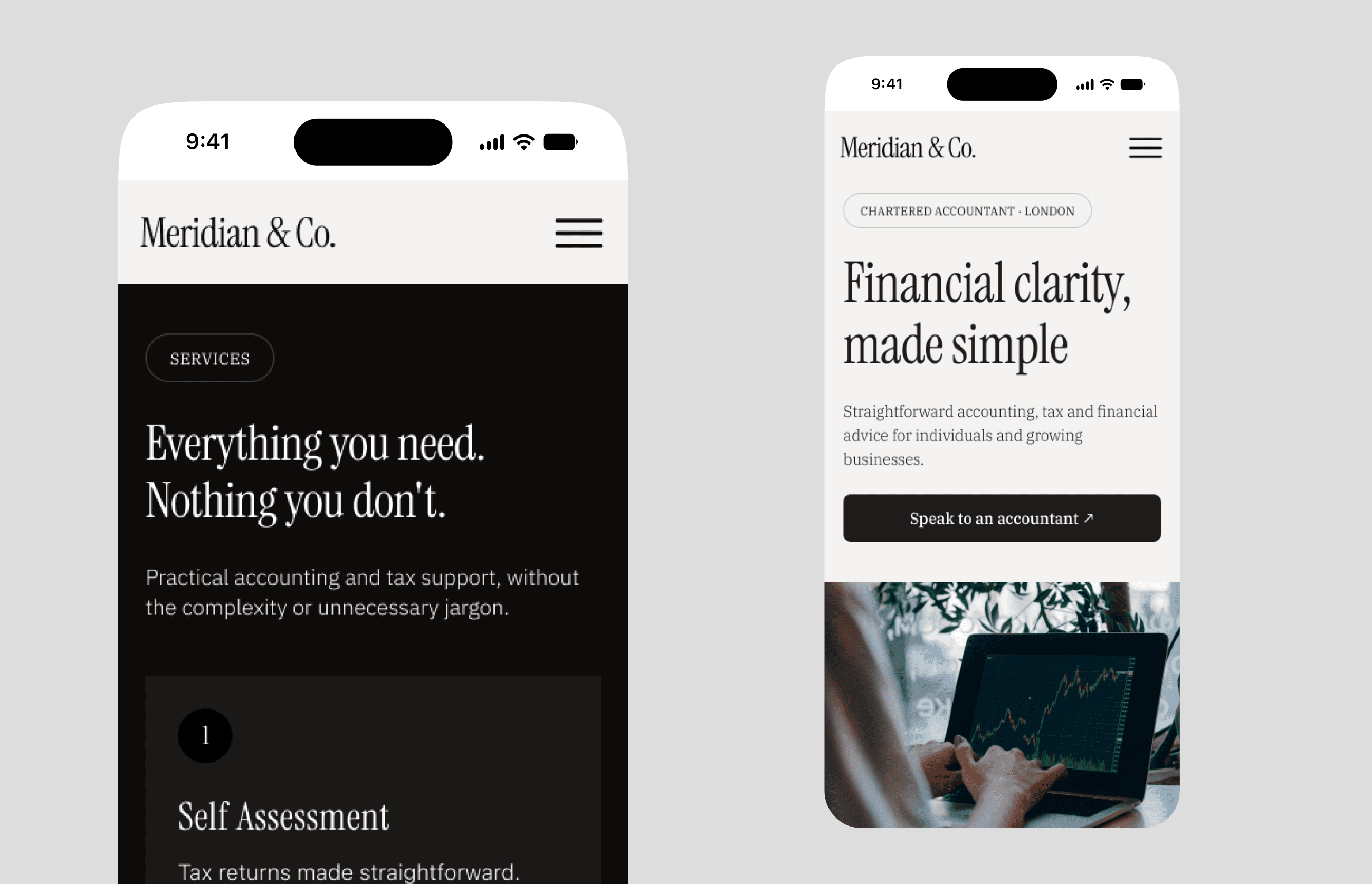 Mobile mockup of the Meridian & Co. website