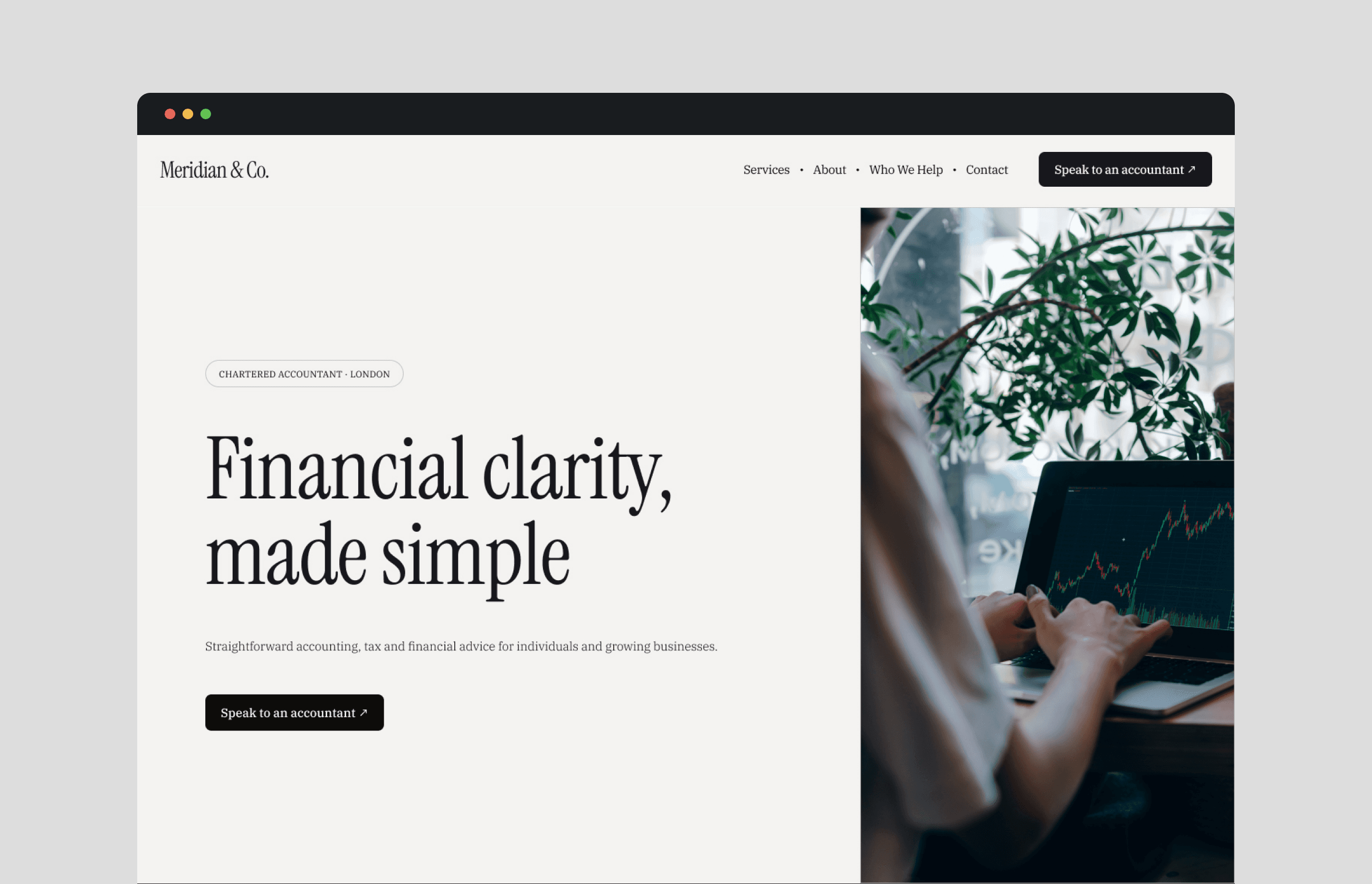 Meridian & Co. homepage hero with Financial clarity, made simple messaging