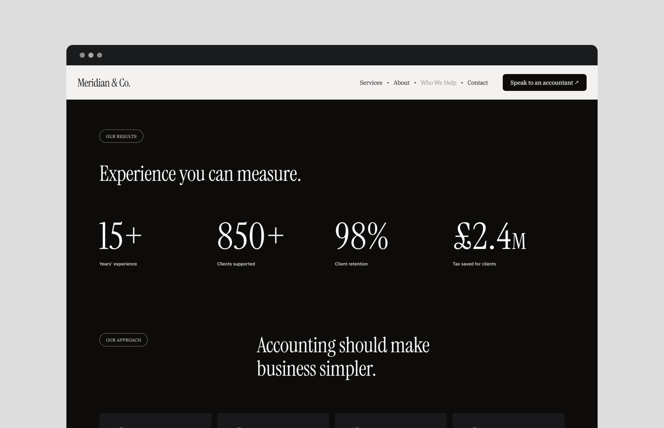 Meridian & Co. Our Results and Our Approach sections