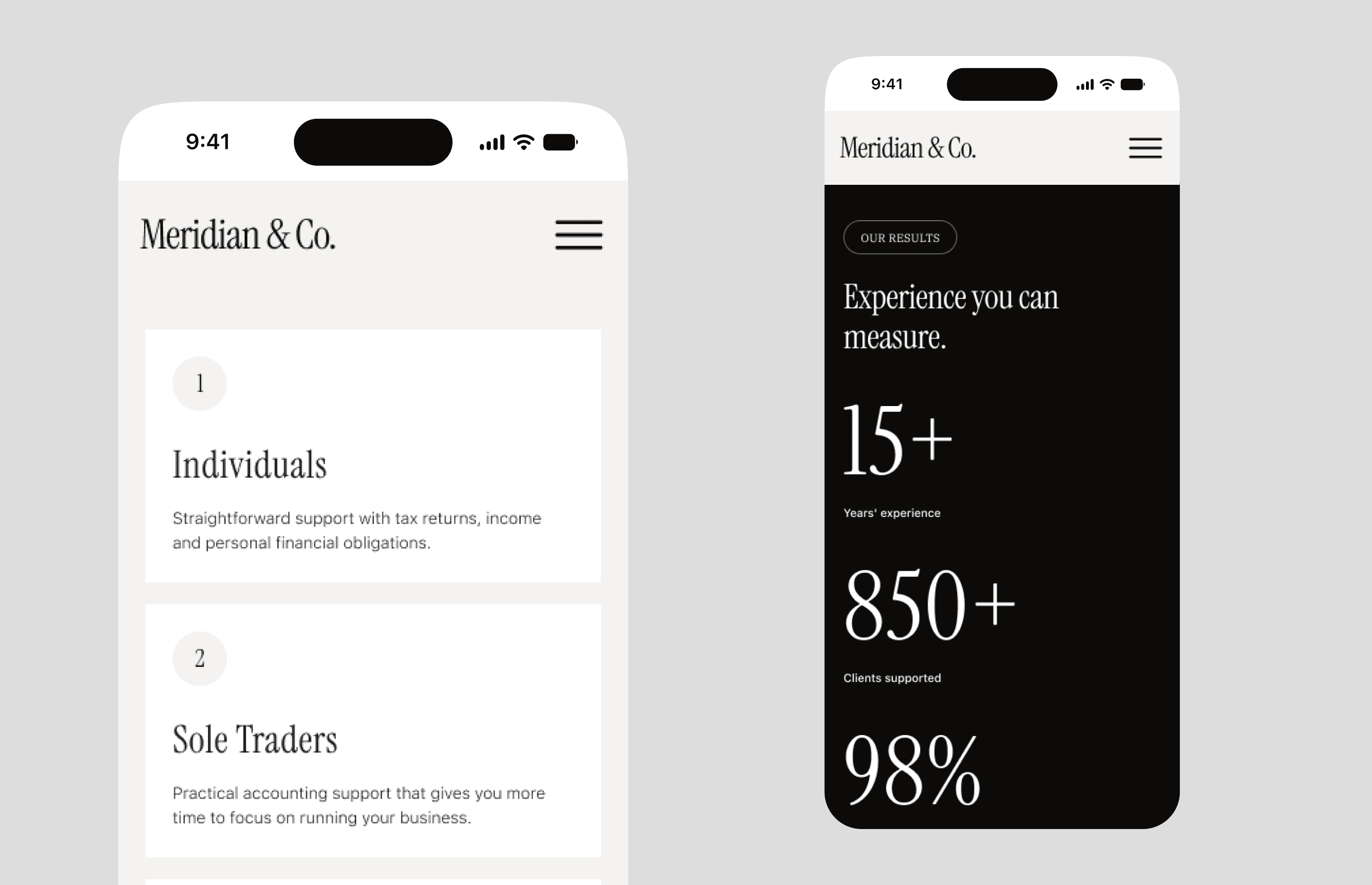 Mobile mockups showing Meridian & Co. audience segments and results metrics