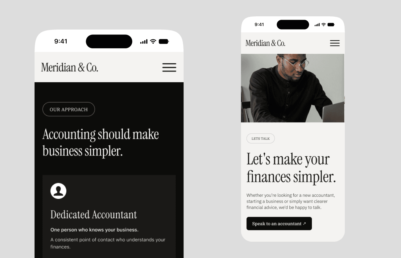 Mobile mockup of the Meridian & Co. contact page