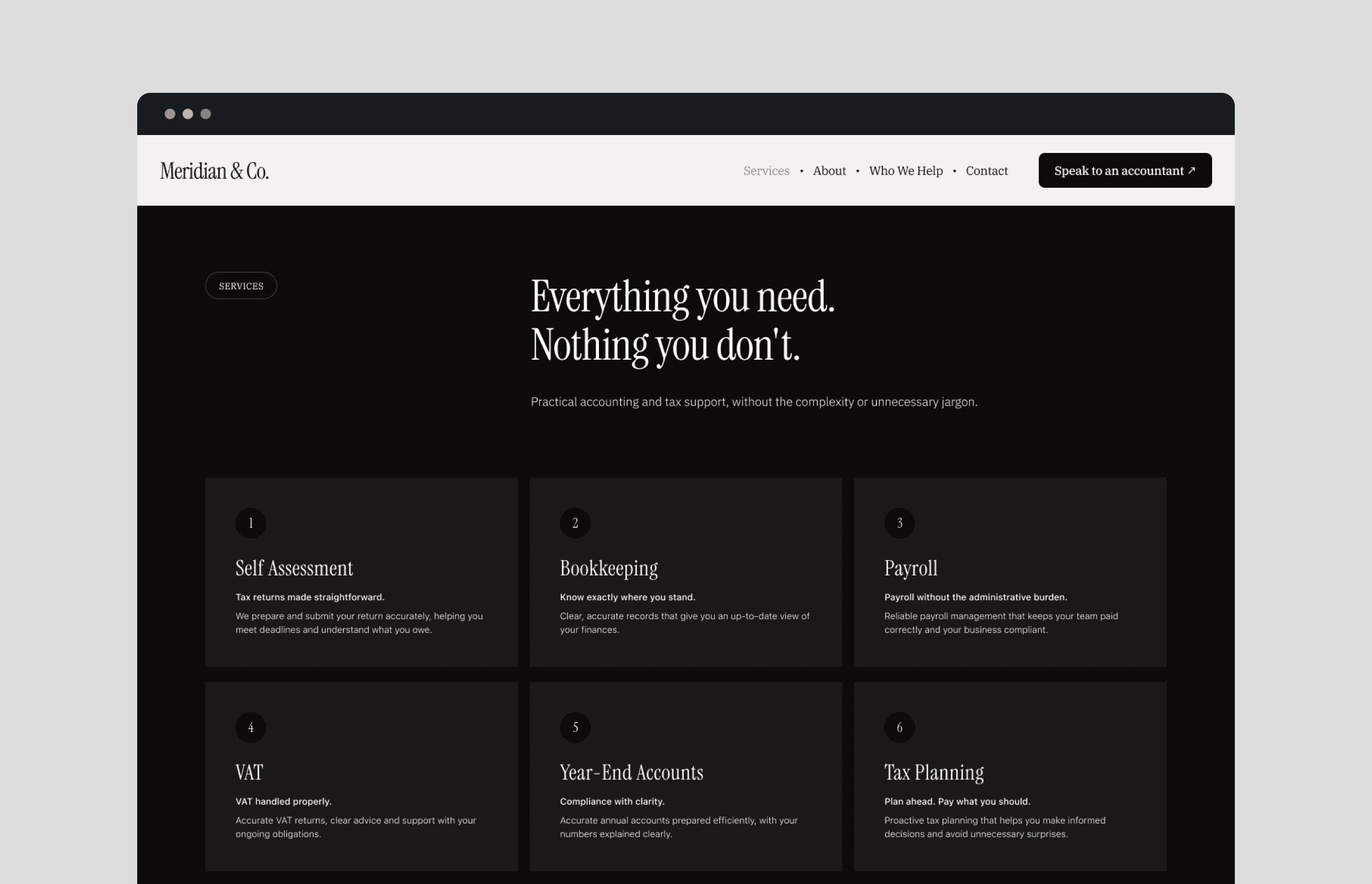 Services section listing Meridian & Co. accounting and tax offerings