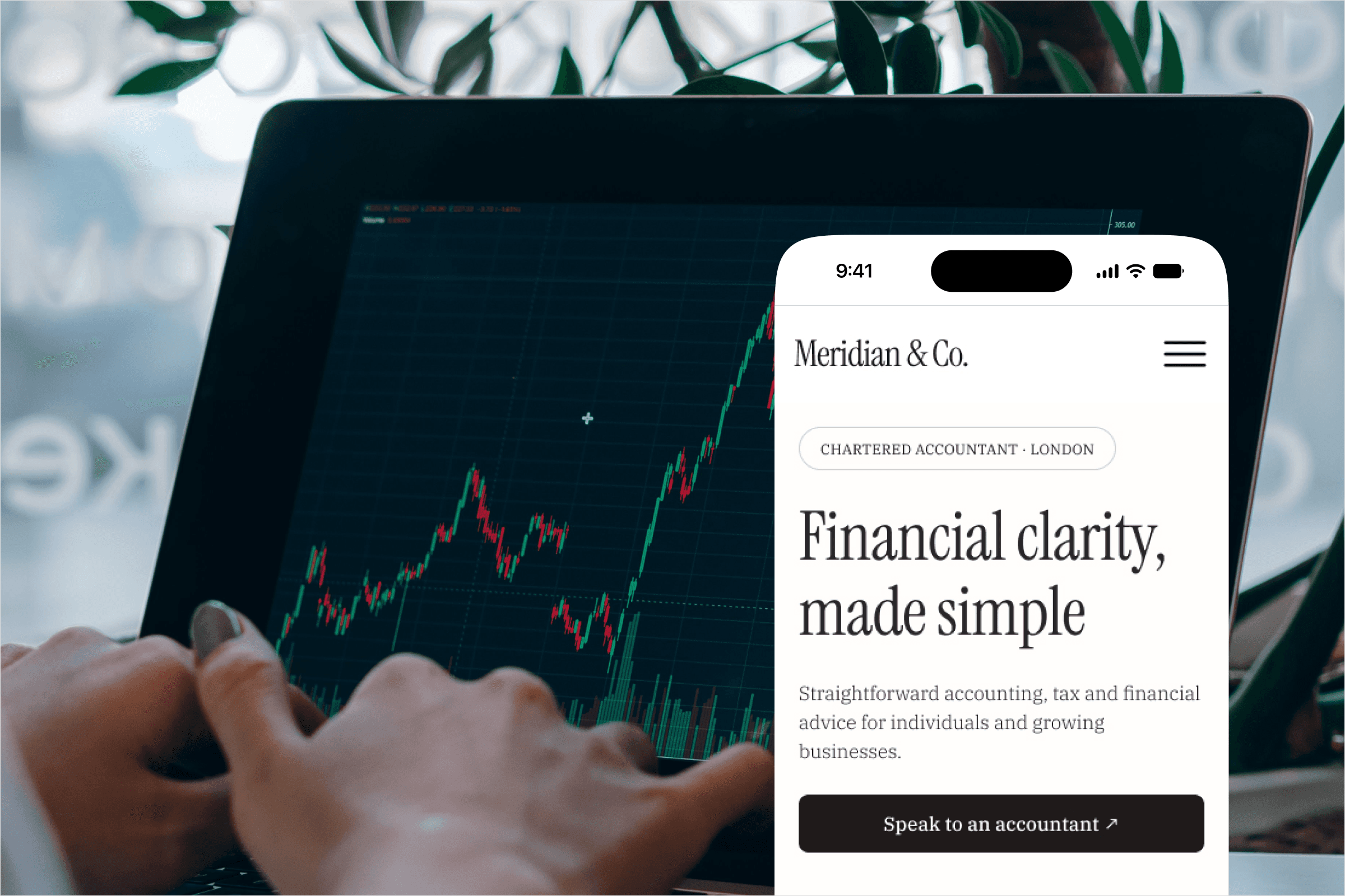 Tablet mockup showing the Meridian & Co. website