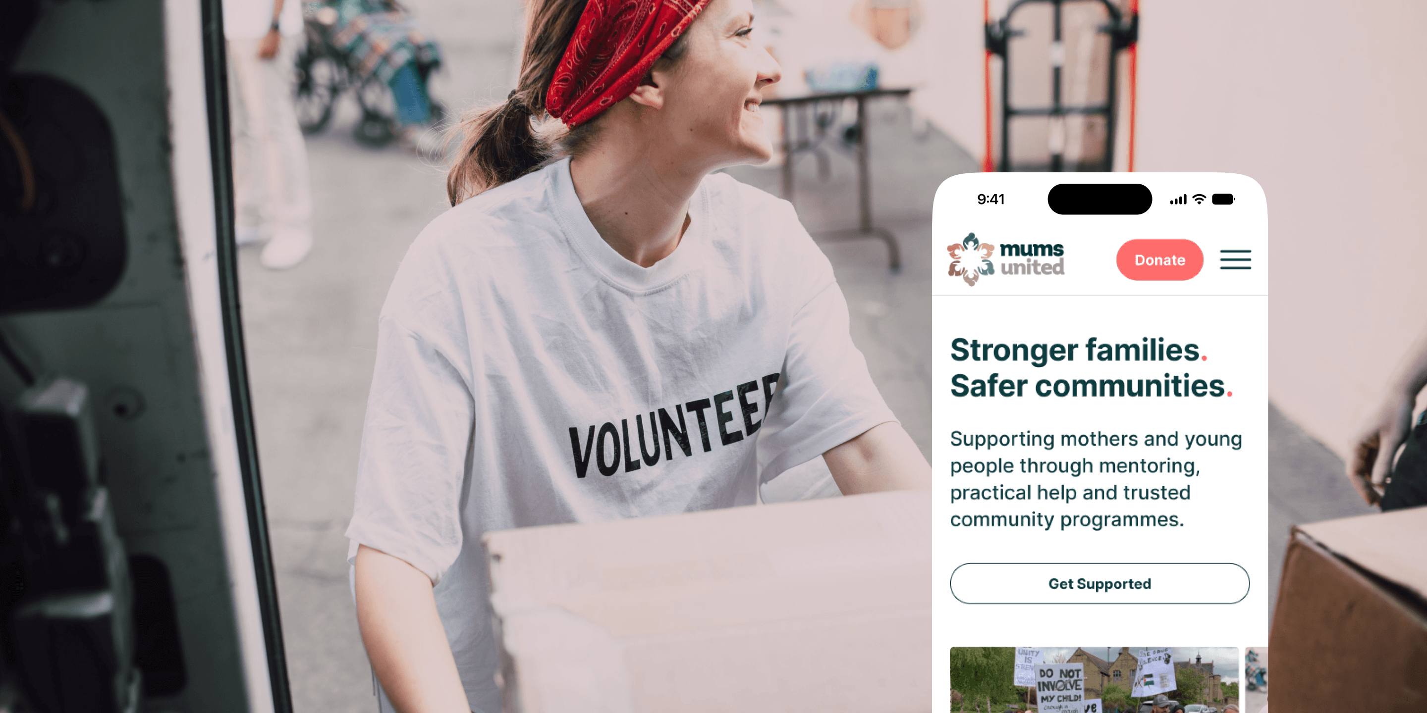 Mums United website homepage in a desktop browser mockup