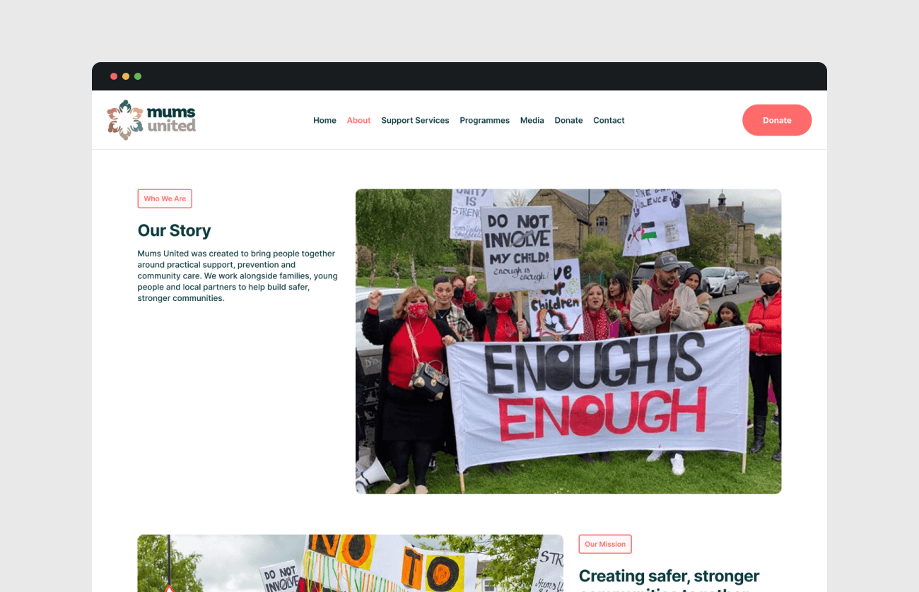 Mums United About page showing the organisation's story and purpose