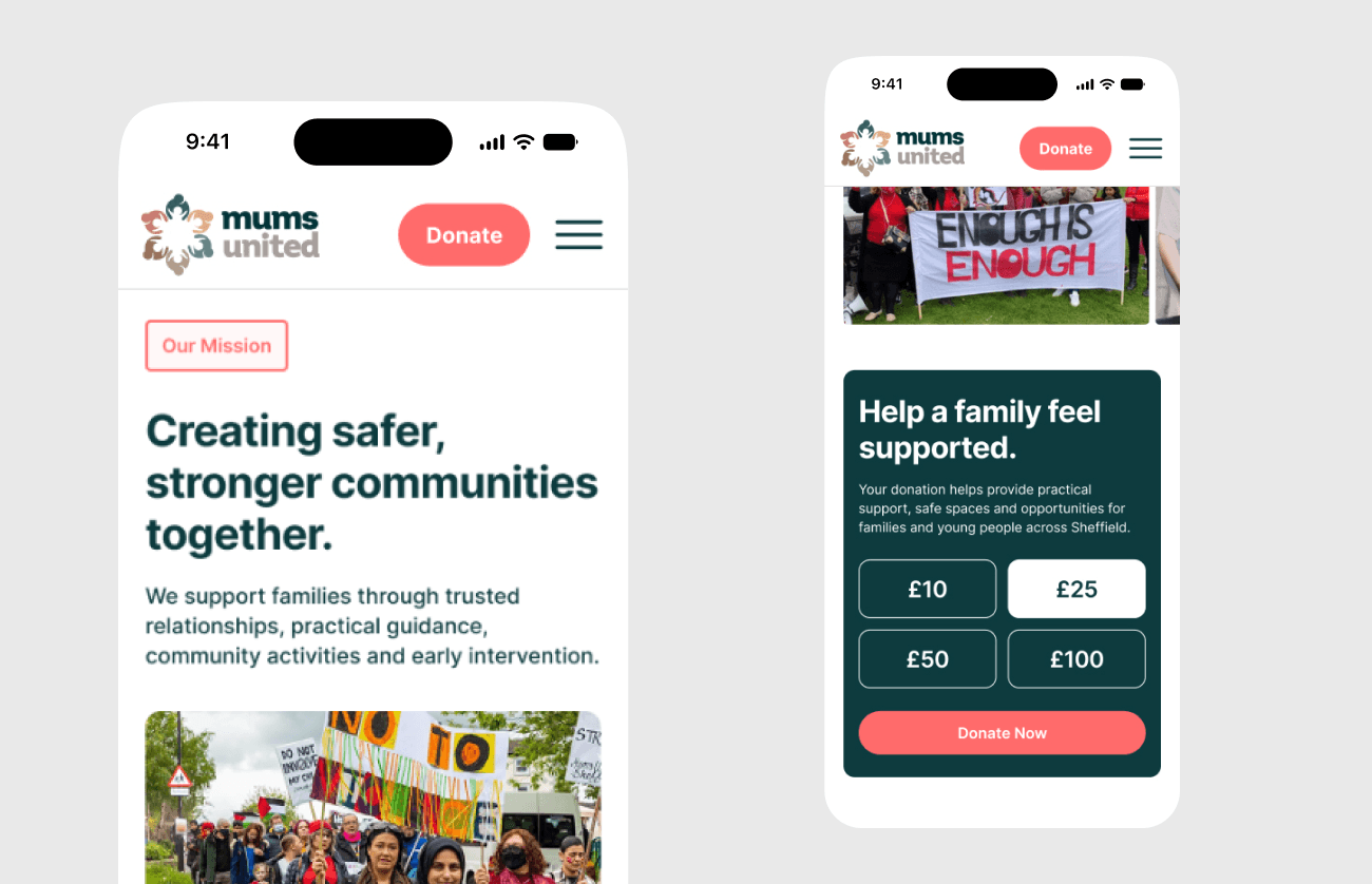 Mums United mobile screens showing the mission and donation experience