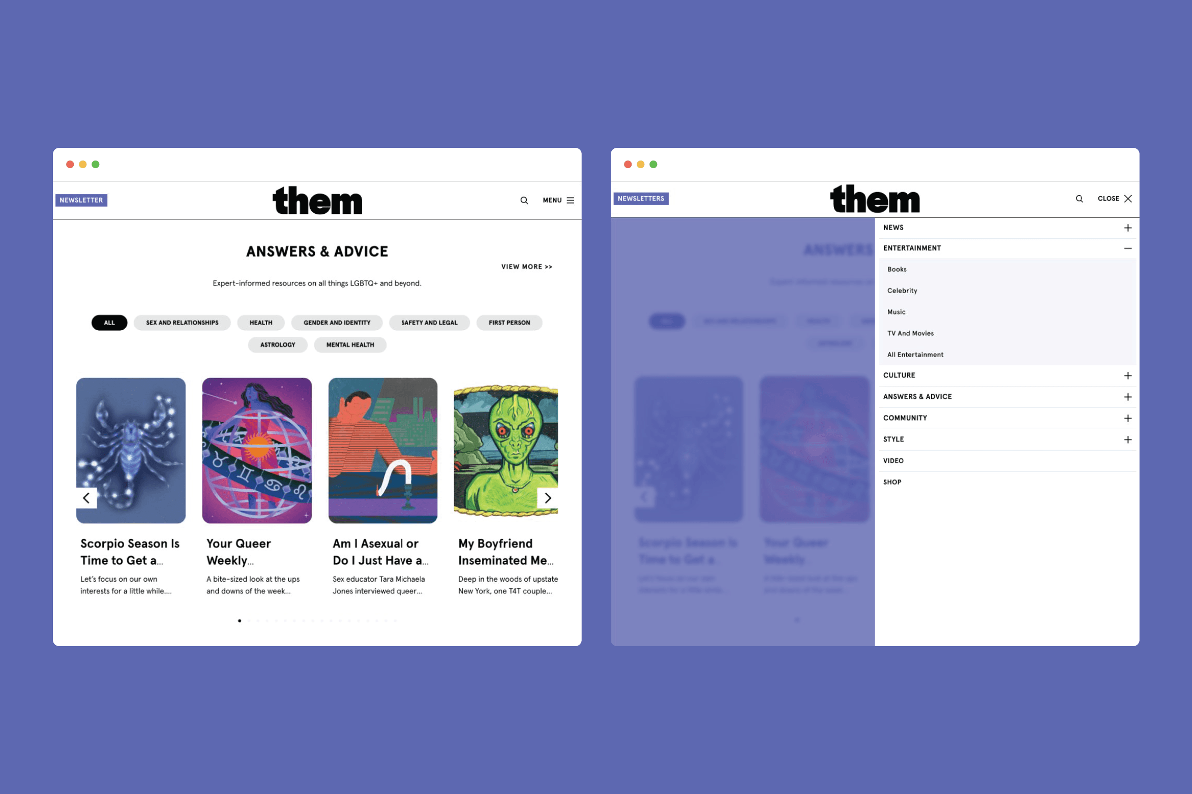 them. desktop navigation shown closed and with the menu open