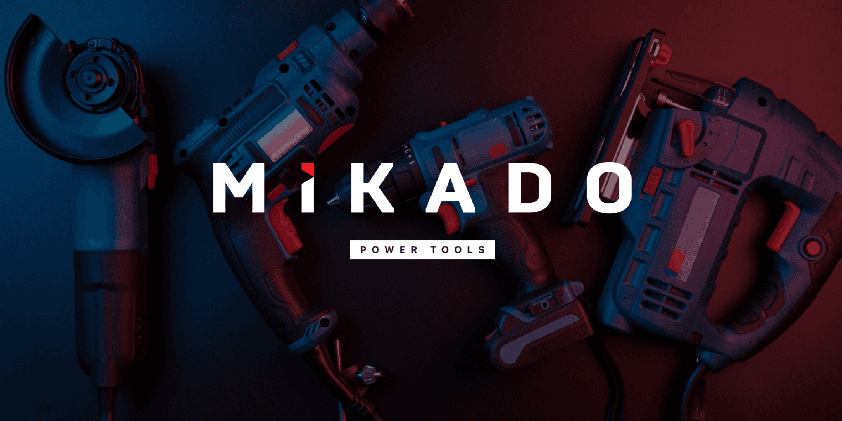 Mikado Power Tools brand identity with neon-lit tools on a dark field