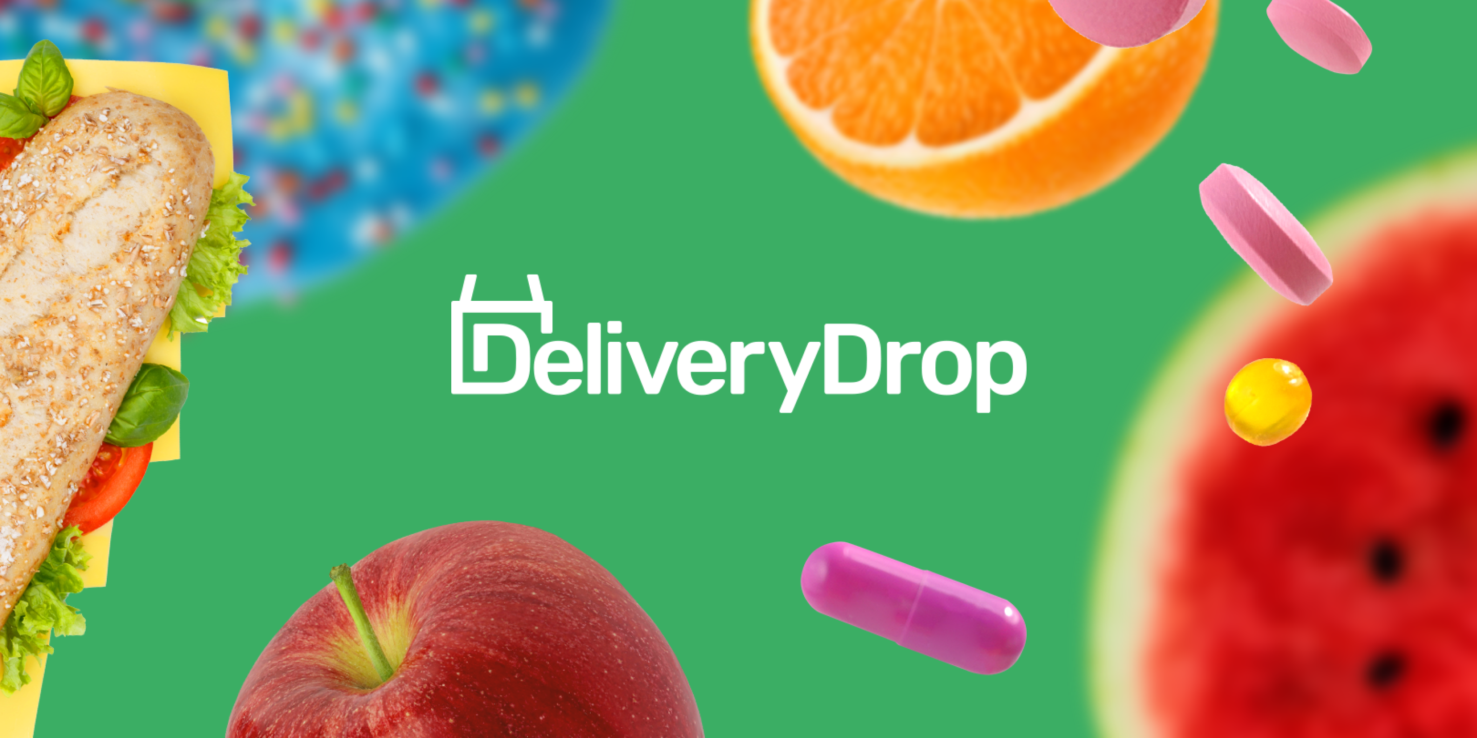 Delivery Drop logo and illustrated orange character on a green field
