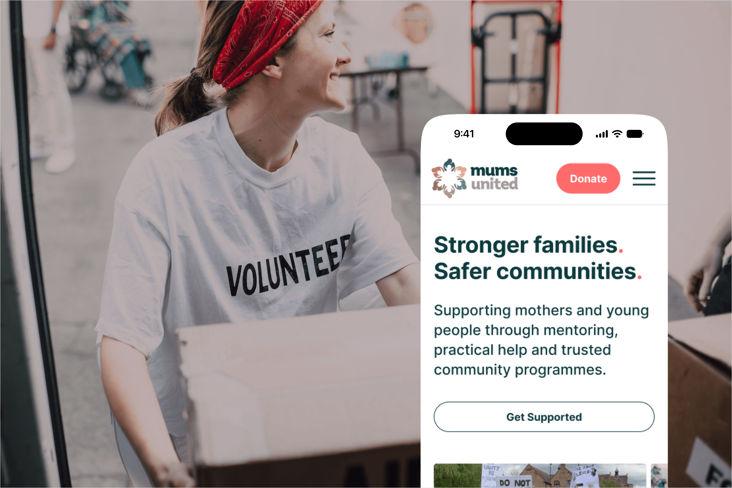 Laptop mockup showing the Mums United website